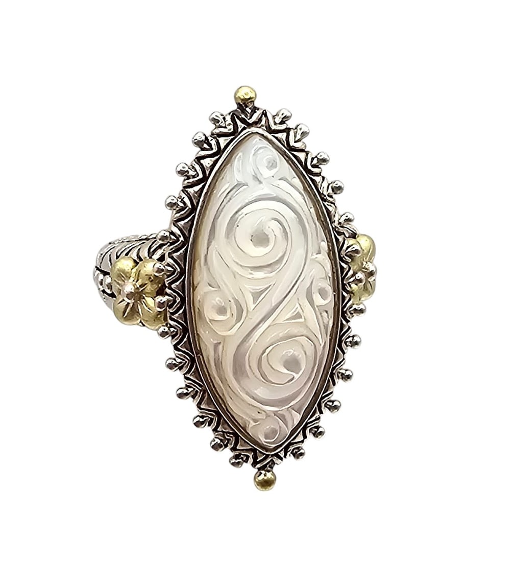 Bixby Mother Of Pearl Carved 18K Gold Sterling Silver Ring Size 6.75 12.9 G (1 of 3)