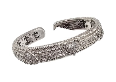 Judith Ripka Cubic Zirconia Sterling Silver Hinge Heart Cuff Bracelet 48.3 G