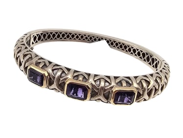 Amethyst 14K Gold Sterling Silver Hinge Bangle Bracelet 34.7 G