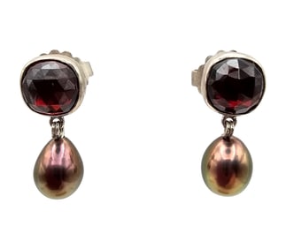 One Of A Kind 22579 Garnet Pearl Sterling Silver Drop Dangle Earrings 6.1 G