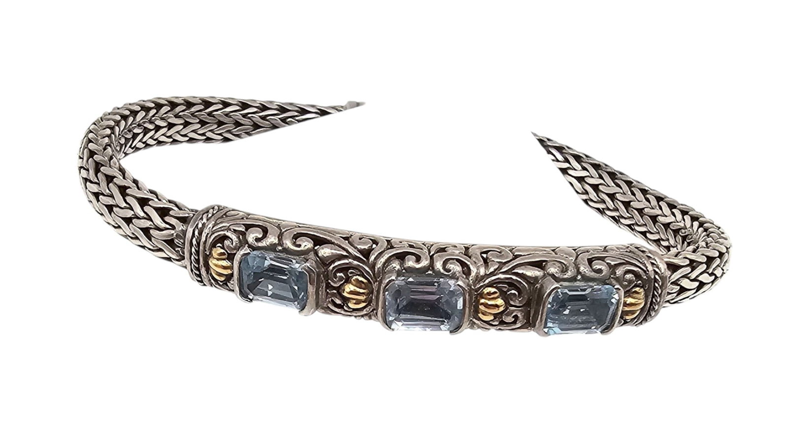 Topaz 18K Gold Sterling Silver Wheat Chain Bracelet 28.3 G (1 of 3)