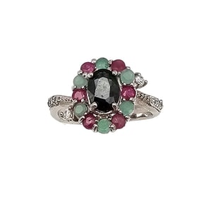Sapphire Ruby Emerald Sterling Silver Cocktail Ring Size 7.25 4.2 G