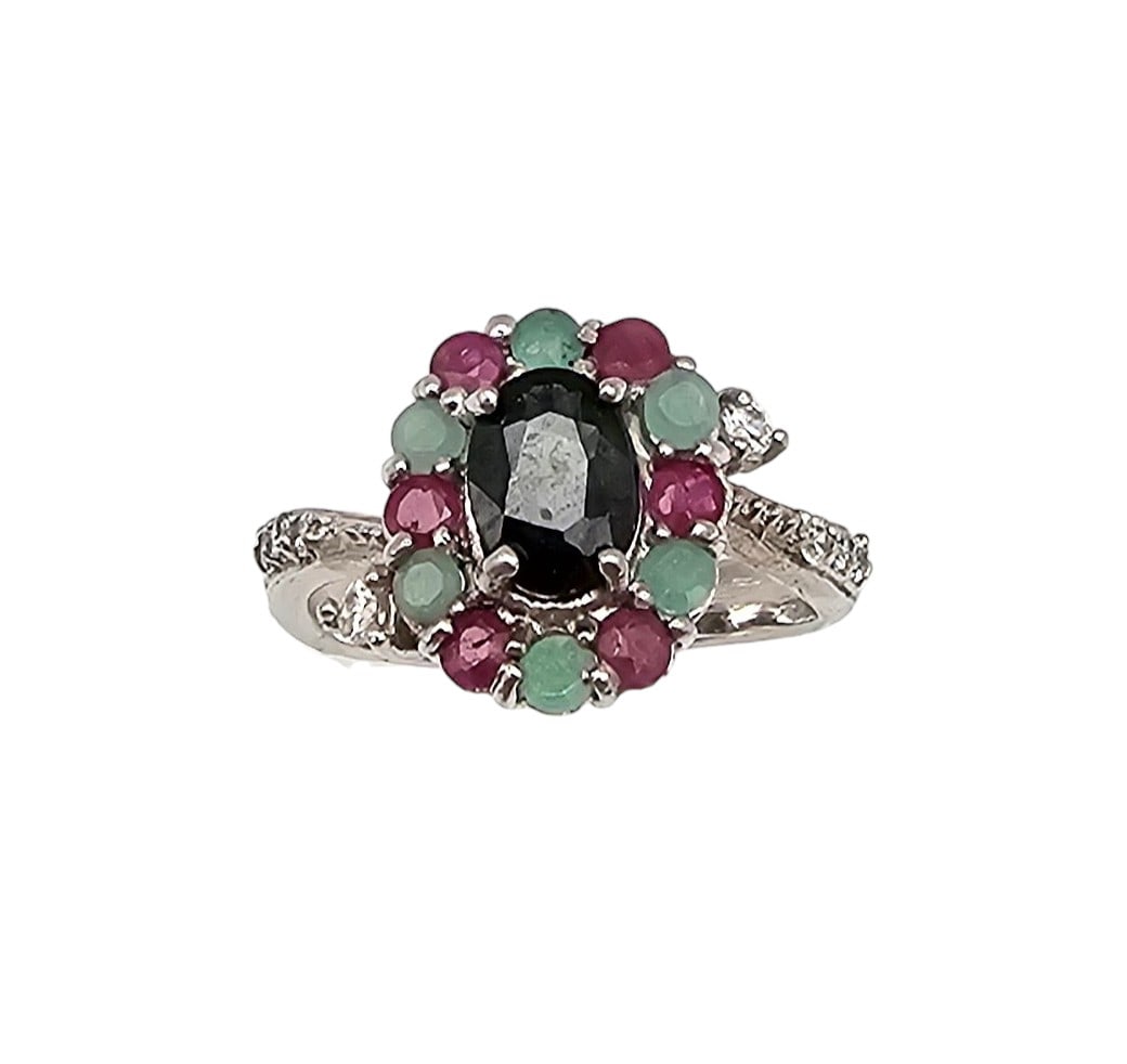 Sapphire Ruby Emerald Sterling Silver Cocktail Ring Size 7.25 4.2 G (1 of 3)