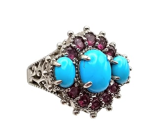 Dallas Prince Designs Sleeping Beauty Turquoise Garnet Rhodolite Sterling Silver Cocktail Ring Size