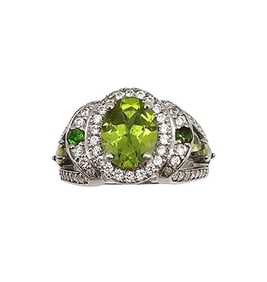 HK Peridot Diamond Sterling Silver Cocktail Ring Size 5.75 7.3 G