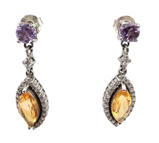 Amethyst Citrine Sterling Silver Drop Dangle Earrings 4.5 G