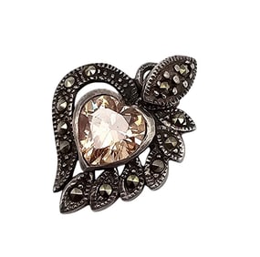 Rhinestone Marcasite Sterling Silver Heart Pendant 3.2 G