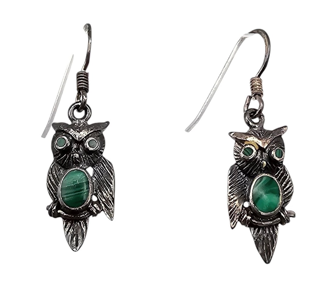 Malachite Sterling Silver Owl Drop Dangle Earrings 2.7 G (1 of 3)