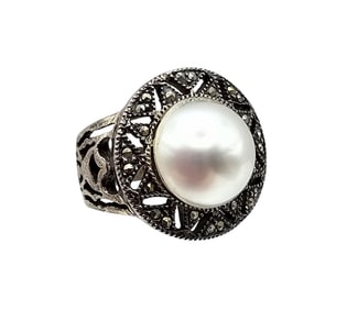 M Faux Pearl Marcasite Sterling Silver Ring Size 6.25 7.4 G