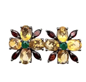 Multi Gemstone Sterling Silver Flower Earrings 5.1 G