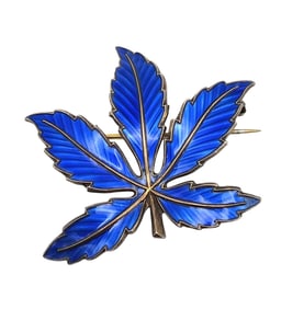 Norway Bernard Meldahl Guilloche Enamel Sterling Silver Blue Leaf Brooch 8.9 G