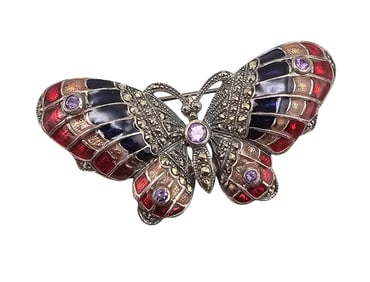 Signed Enamel Amethyst Marcasite Sterling Silver Butterfly Brooch 18.1 G