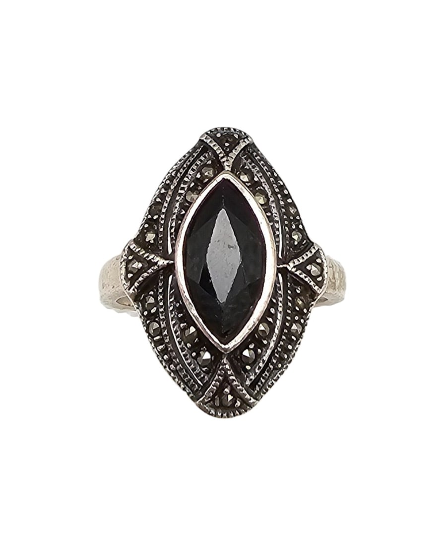 Judith Jack Marcasite Onyx Sterling Silver Ring Size 8.25 7.2 G (1 of 3)