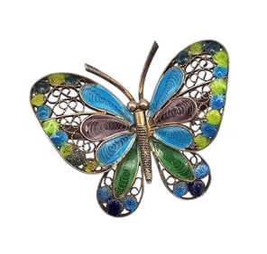 Chinese Import Enamel Filigree 800 Silver Butterfly Brooch 5 G