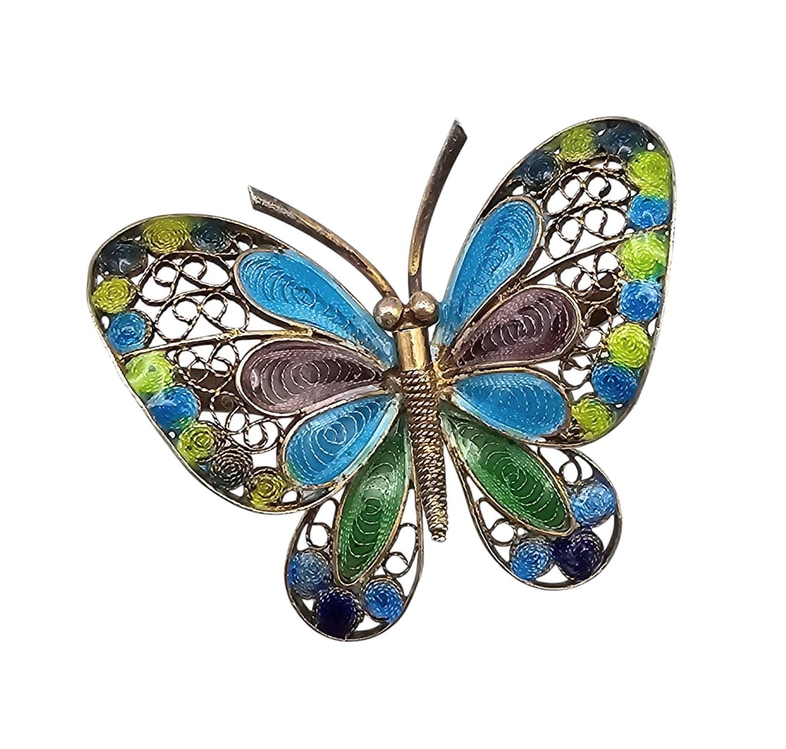 Chinese Import Enamel Filigree 800 Silver Butterfly Brooch 5 G: Chinese Import Enamel Filigree 800 Silver Butterfly Brooch 5 G