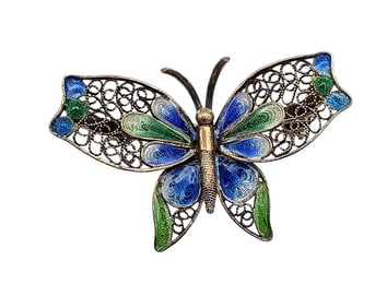 Chinese Import Enamel 800 Silver Filigree Butterfly Brooch 4.5 G