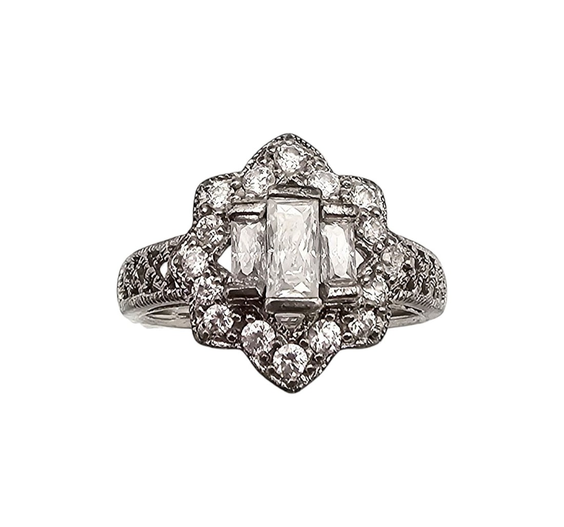 MEDA Rhinestone Sterling Silver Deco Style Cocktail Ring Size 7.5 3.5 G (1 of 3)