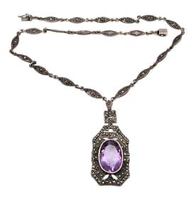 Amethyst Marcasite Sterling Silver Necklace 29.5 G