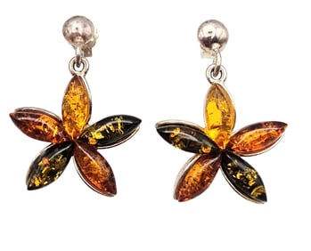 Amber Sterling Silver Flower Drop Dangle Earrings 5.6 G