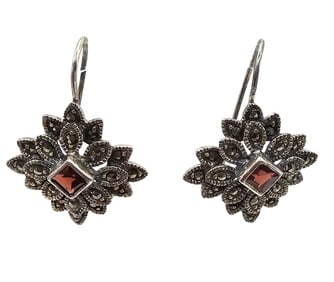 Marcasite Garnet Sterling Silver Drop Dangle Earrings 6.6 G