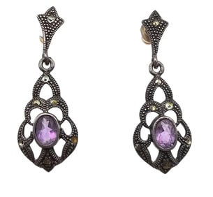Amethyst Marcasite Sterling Silver Drop Dangle Earrings 4 G