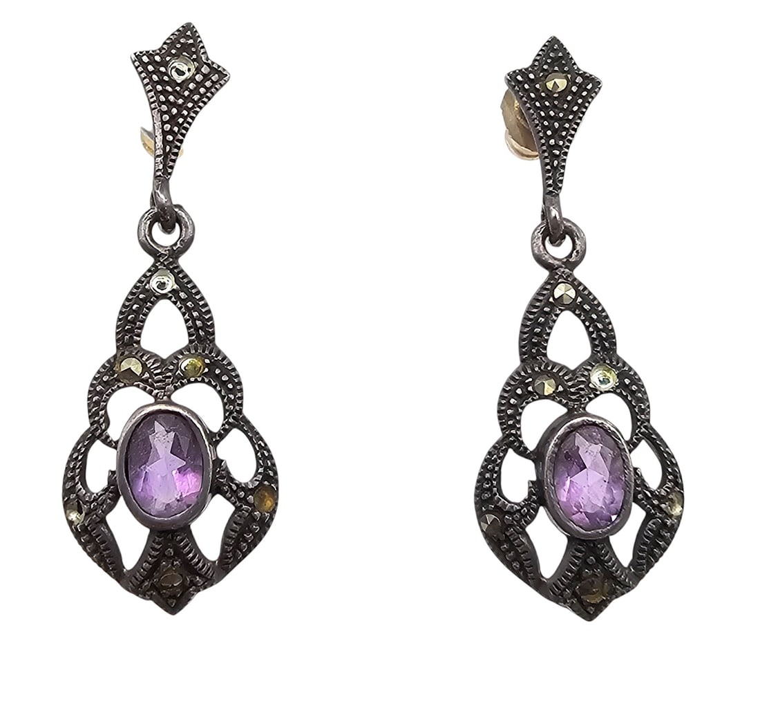 Amethyst Marcasite Sterling Silver Drop Dangle Earrings 4 G (1 of 3)