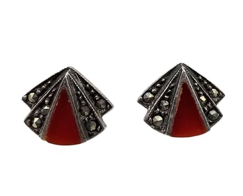 Carnelian Marcasite Sterling Silver Earrings 2.4 G
