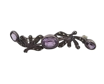 Amethyst Marcasite Sterling Silver Bar Pin 4.4 G