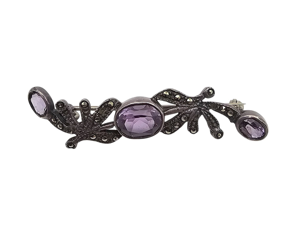 Amethyst Marcasite Sterling Silver Bar Pin 4.4 G (1 of 3)