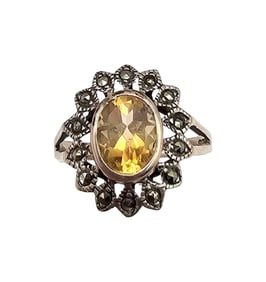 Citrine Marcasite Sterling Silver Cocktail Ring Size 6.75 2.4 G