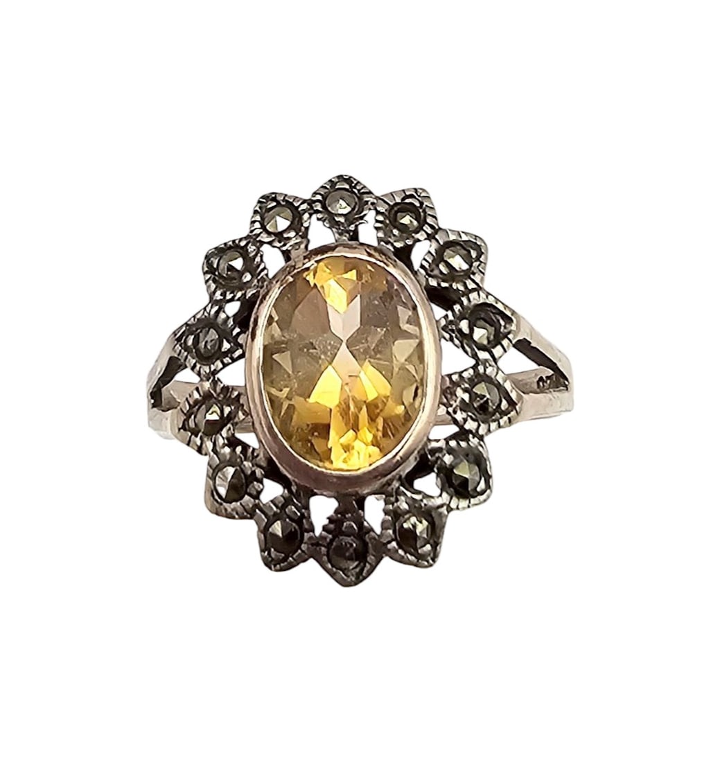 Citrine Marcasite Sterling Silver Cocktail Ring Size 6.75 2.4 G (1 of 3)