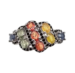 Multi Gemstone Sterling Silver Cocktail Ring Size 6.5 4 G