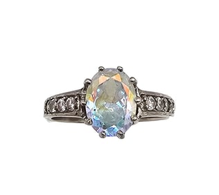 Iridescent Rhinestone Sterling Silver Cocktail Ring Size 7 3.7 G
