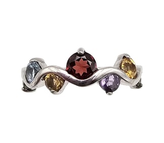 Multi Gemstone Sterling Silver Cocktail Ring Size 7.5 3.3 G