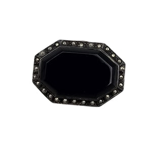 Obsidian Marcasite Sterling Silver Brooch 7.7 G