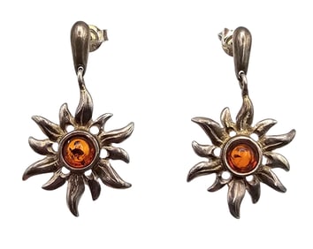 Amber Sterling Silver Sunflower Drop Dangle Earrings 4 G