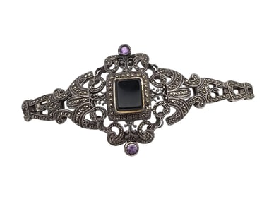 Amethyst Marcasite Onyx Sterling Silver Bracelet 54 1 G