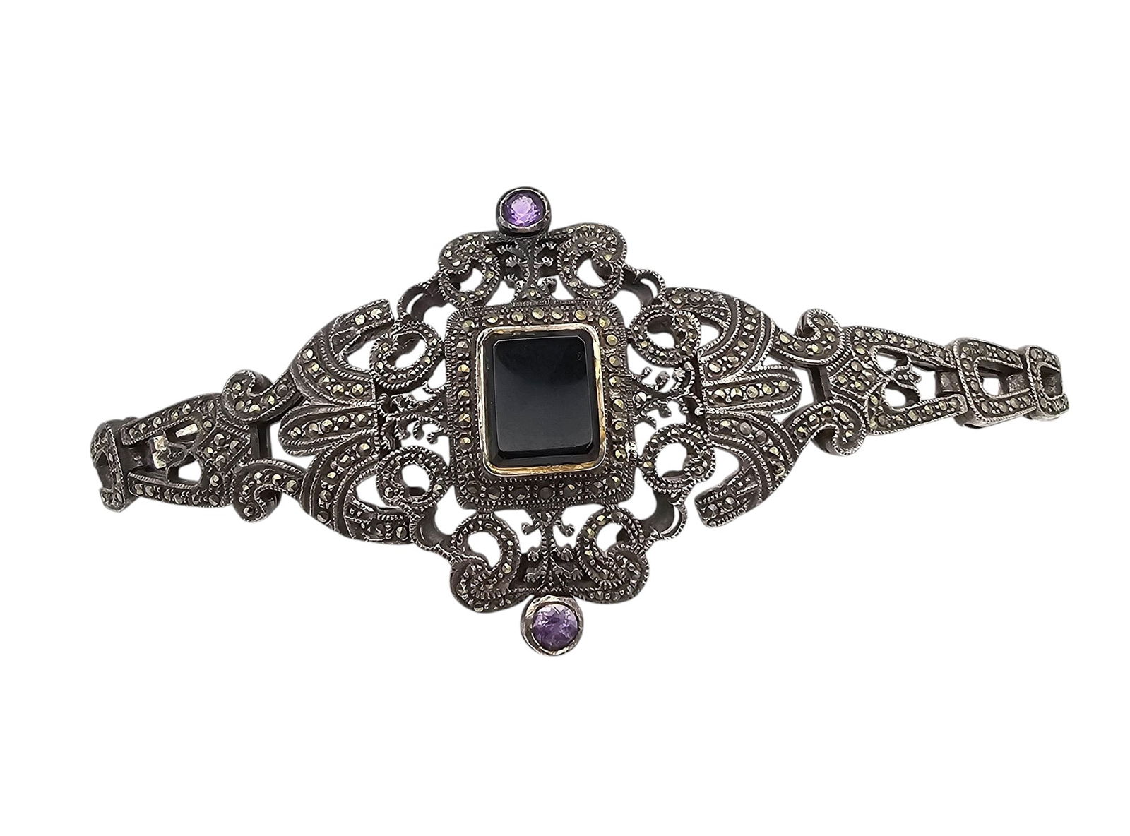 Amethyst Marcasite Onyx Sterling Silver Bracelet 54 1 G: Amethyst Marcasite Onyx Sterling Silver Bracelet 54.1 G