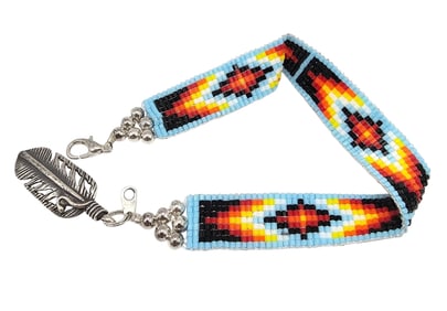 Southwestern Micro Bead Bracelet With Sterling Silver Feather Charm 8.2 G