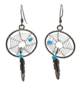 Southwestern Turquoise Sterling Silver Dream Catcher Drop Dangle Earrings 2.6 G