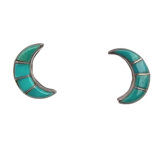 Southwestern Turquoise Sterling Silver Inlay Moon Earrings 1.8 G