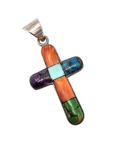 Southwestern Turquoise Spiny Oyster Sterling Silver Cross Pendant 4.5 G