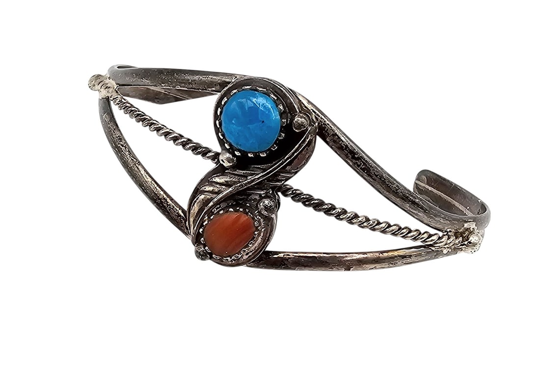 Southwestern Coral Turquoise Sterling Silver Cuff Bracelet 11.5 G: Southwestern Coral Turquoise Sterling Silver Cuff Bracelet 11.5 G