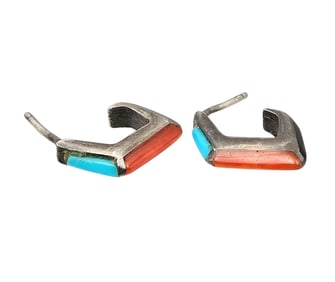 Southwestern Turquoise Coral Onyx Sterling Silver Hoop Earrings 1.9 G