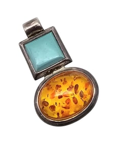 Southwestern Turquoise Amber Sterling Silver Pendant 6.1 G