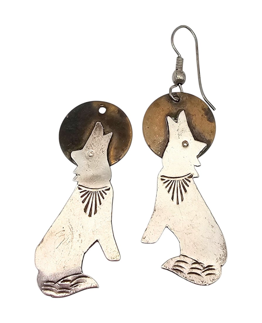 Southwestern Sterling Silver Brass Coyote Drop Dangle Earrings 4.4 G: Southwestern Sterling Silver Brass Coyote Drop Earrings 4.4 G as is