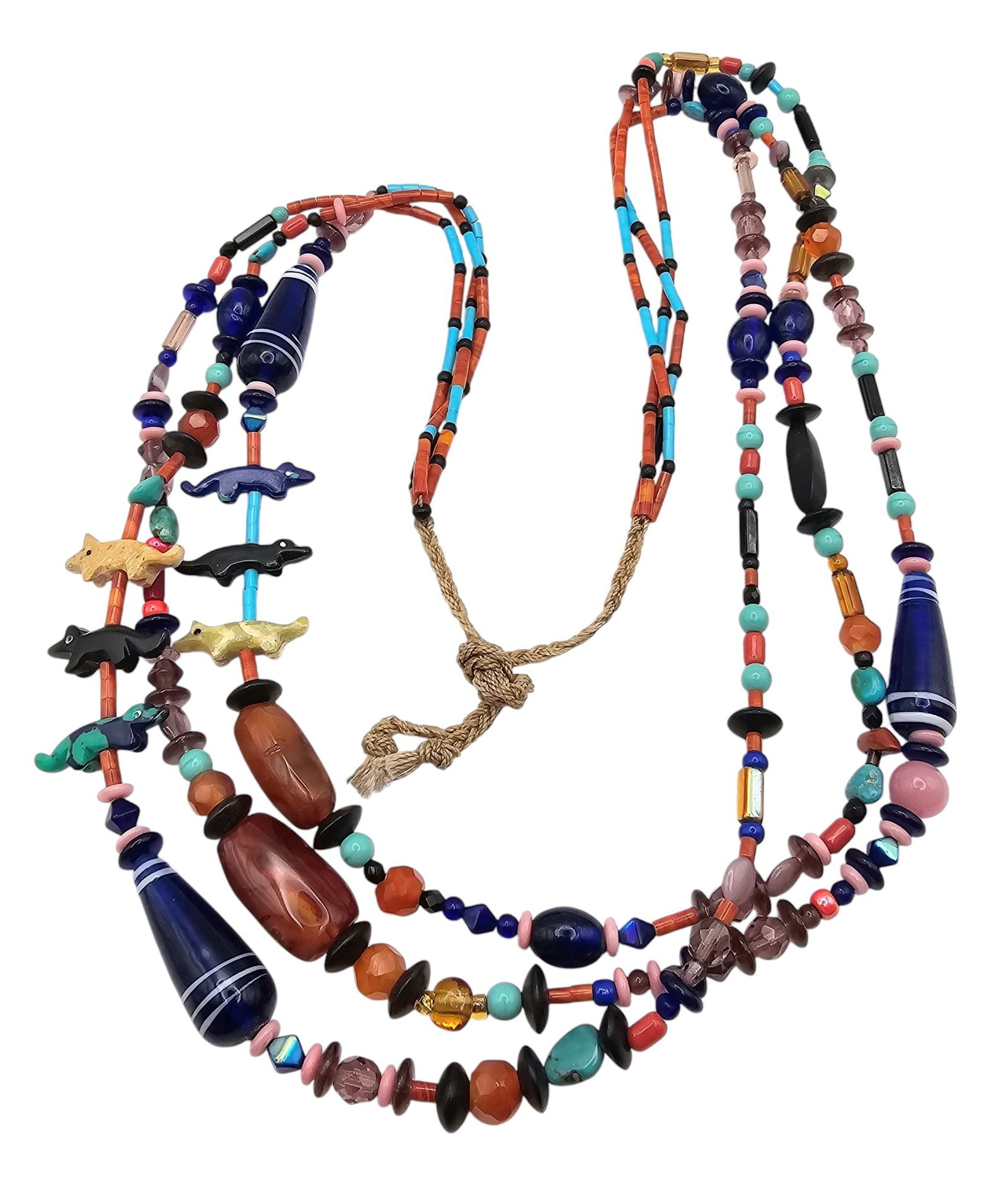 Southwestern Turquoise Coral Agate Onyx Art Glass Fetish Necklace: Southwestern Turquoise Coral Onyx Agate Art Glass Fetish Necklace