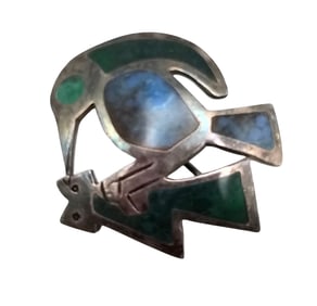 Southwestern Turquoise Sterling Silver Bird Brooch 10.6 G