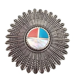 Old Carlisle Jewelry Albuquerque Coral Turquoise Mother Of Pearl Sterling Silver Pendant 30 G