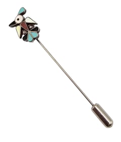 Zuni Mother Of Pearl Turquoise Onyx Coral Sterling Silver Bird Lapel Pin 3.7 G